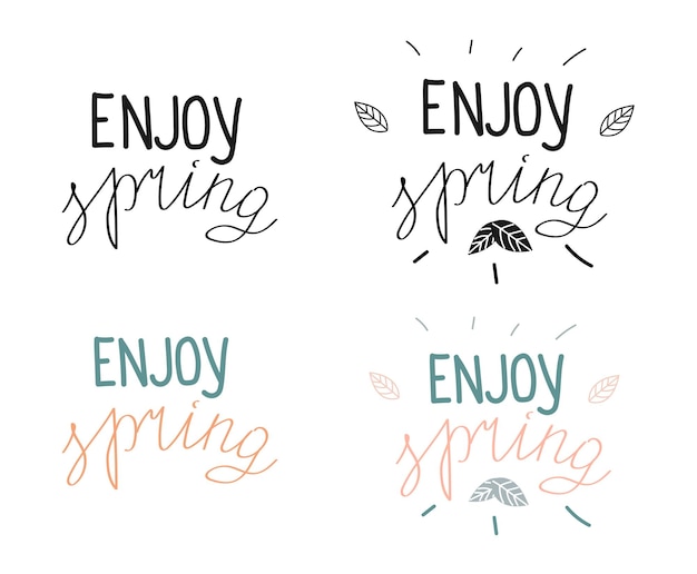 Vettore set scritto a mano di frasi primaverili divertiti con i modelli di icone del logo spring lettering