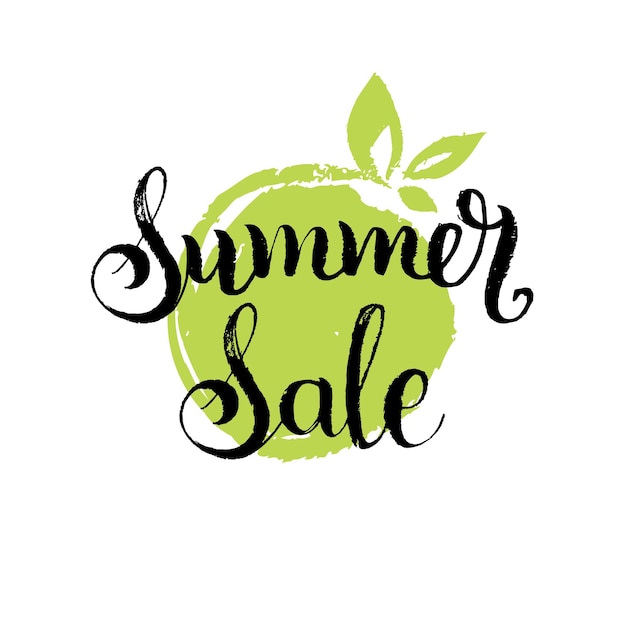 Handwritten Summer Sale vector illustration on leaves background for poster or banner Sign for stores shops etc