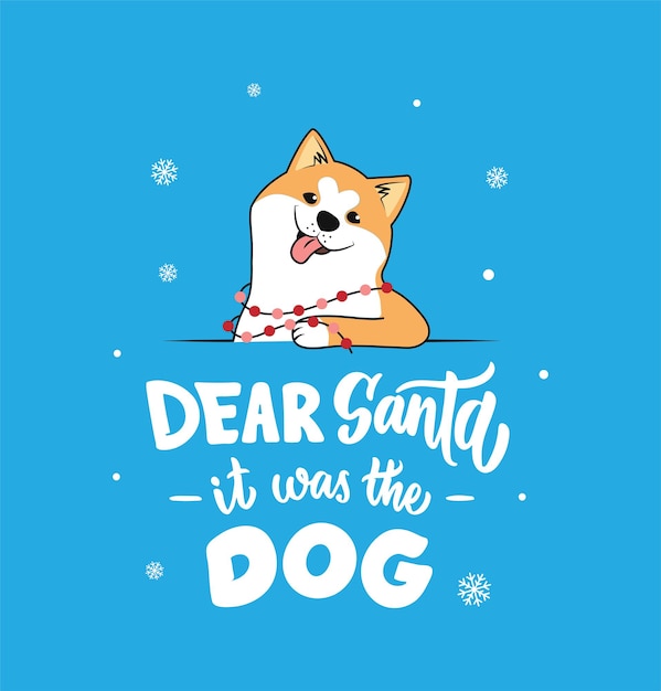 Il testo scritto a mano e il cane divertente il caro babbo natale era il cane l'akita per le cartoline di natale