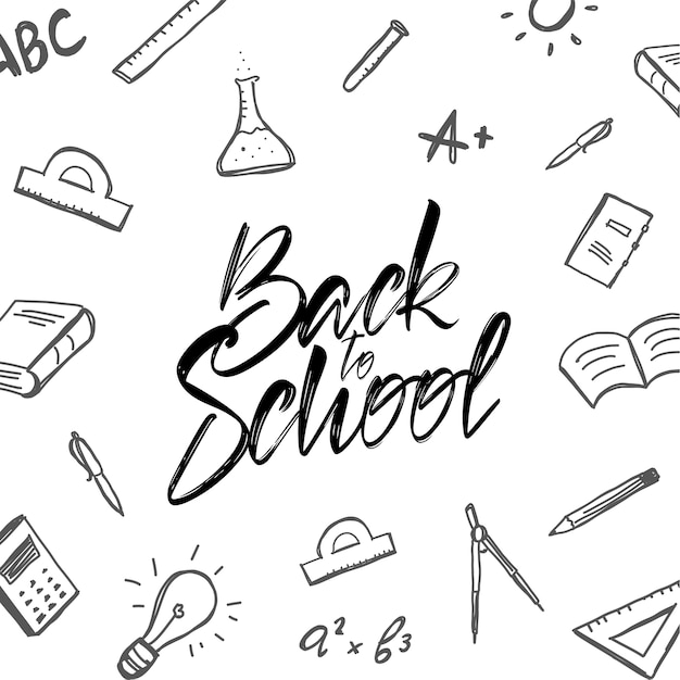 Handwritten typographic lettering of Back to School with doodles supplies on white background