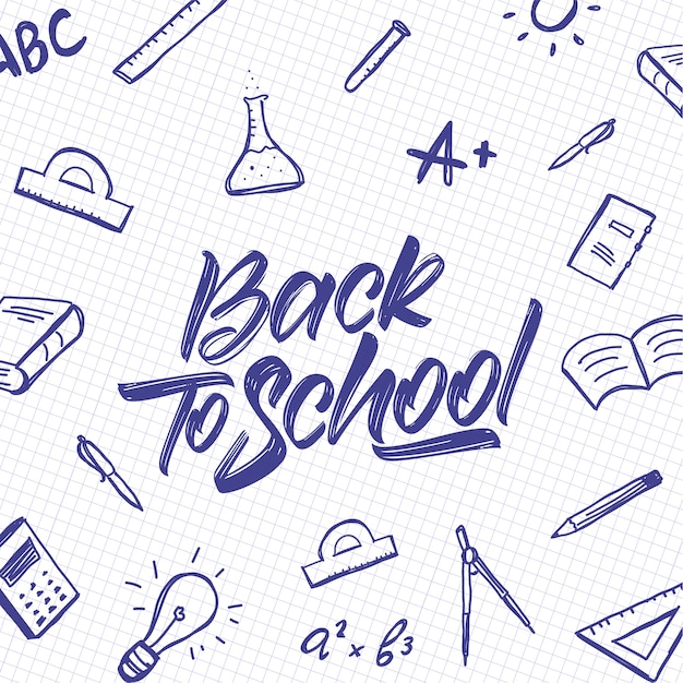 Handwritten typographic lettering of back to school with doodles