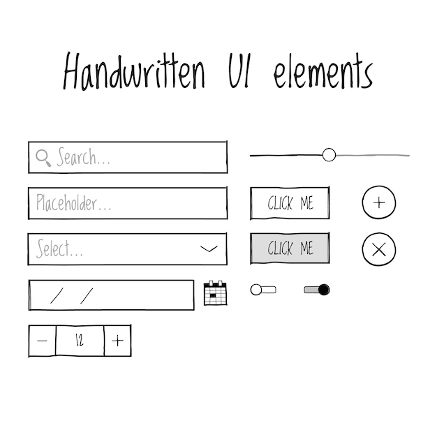 手書きの ui 要素。入力、ボタン、チェックボックス、範囲、スライダー、日付、チェックボックス、ラジオ、トグル。