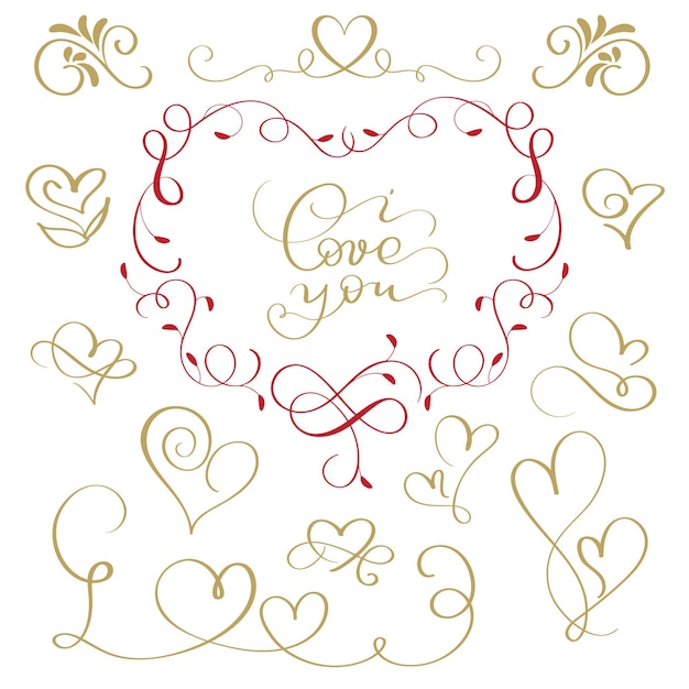 Handwritten vector illustration flourish calligraphic inscription text I love you icons of hearts