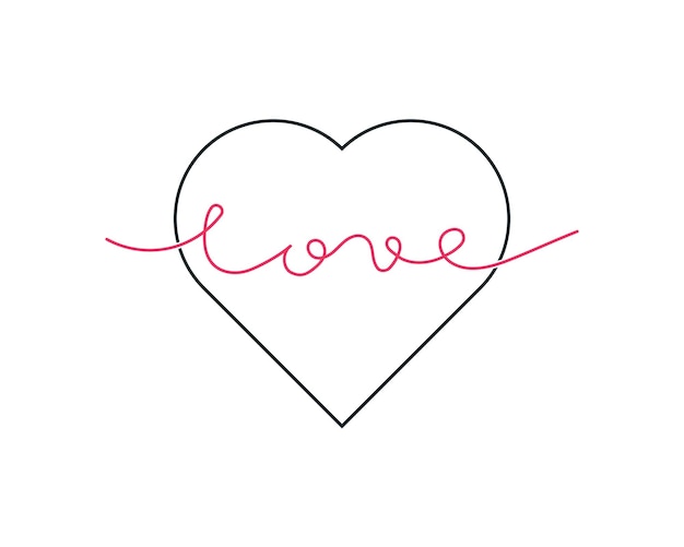 Handwritten word love and heart on white background blue outline heart with red handdraw continuous love word