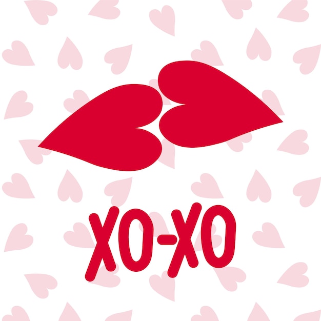 벡터 손으로 쓴 xoxo와 키스는 분홍색 심장의 배경에 고립되어 있습니다. 발렌타인 데이 축하 카드