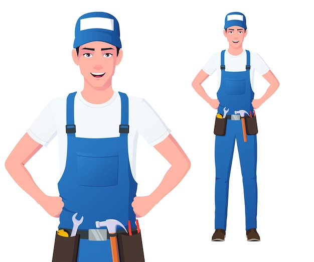 Handyman Character Illustration with Man wearing Blue Overalls Standing Isolated on White Background