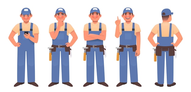 Vector handyman character set happy man in work overalls different poses repairman _ai_generated