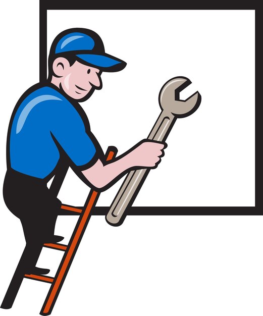 Vector handyman climbing ladder window cartoon