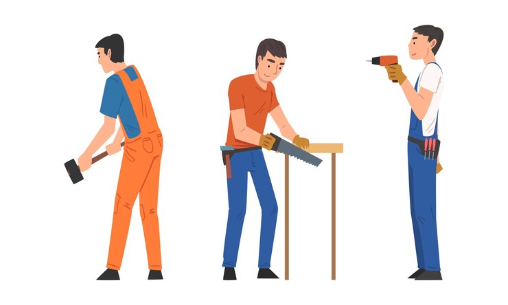 Vector handyman or fixer as skilled man with saw and hammer engaged in home repair work vector set