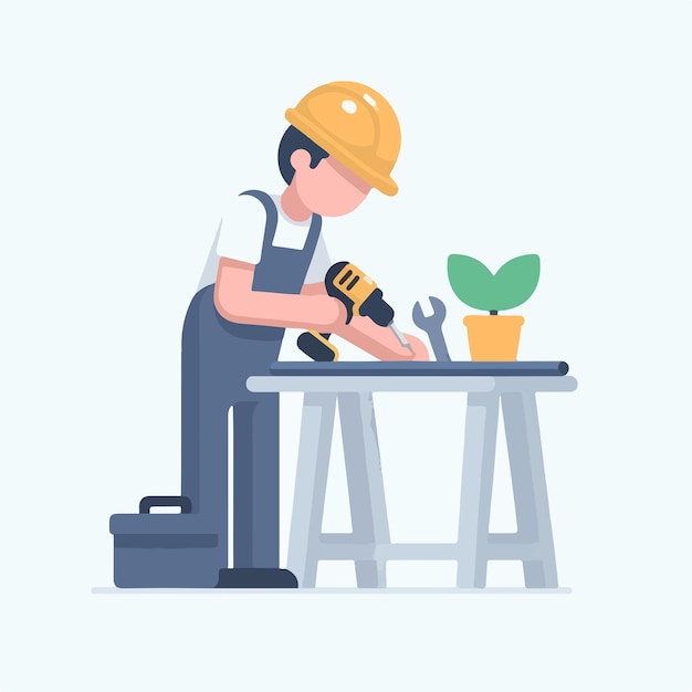 handyman fixing desk with drill in flat design style