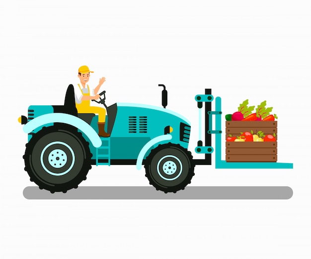 Handyman in fork lift tractor vector illustration