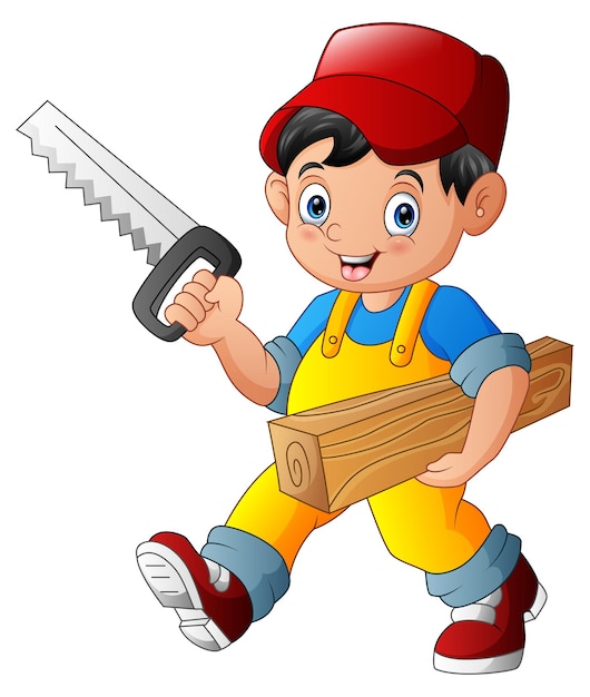 Handyman holding saw and wood plank illustration