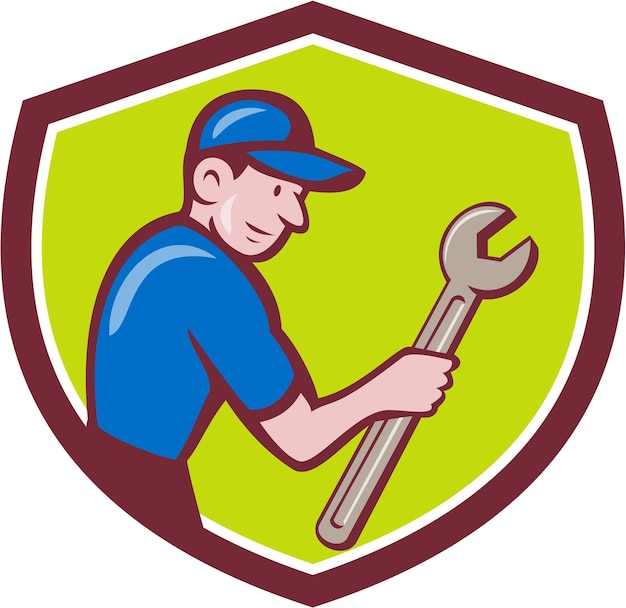 Vector handyman holding spanner crest cartoon