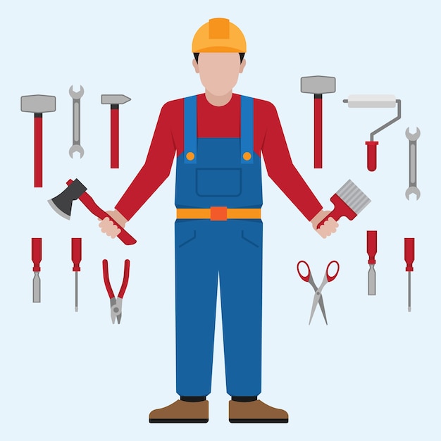 Handyman holding tools and collection of tools