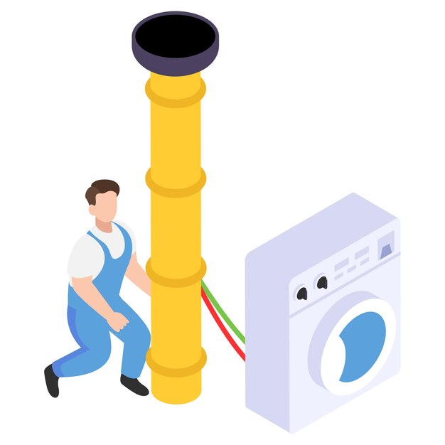 Handyman maakt huisreparaties isometrisch Concept Automatische wasmachine Drainage Repair Plumber