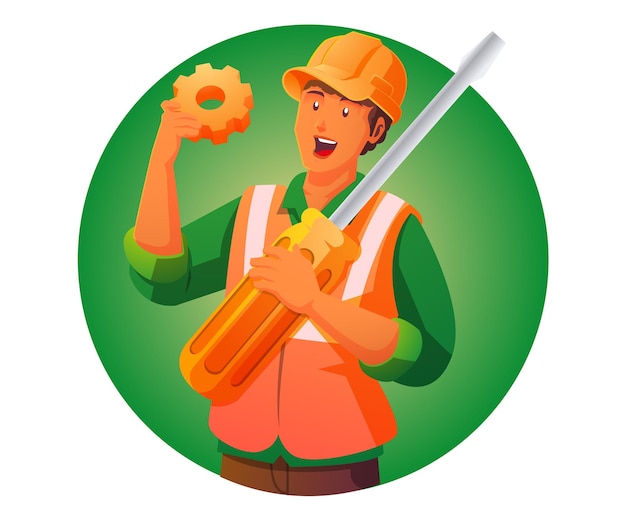 Vector handyman mechanic holding a screwdriver