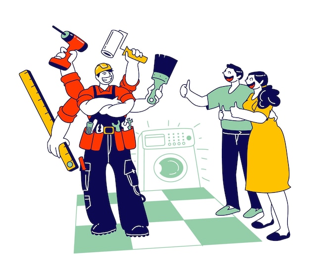 Handyman Plumber Fixing Washing Machine in Bathroom. Cartoon Flat Illustration