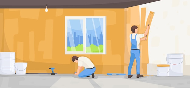 Handyman renoveren huis werker schilderen muur met behulp van roller binnen renovatie interieur appartement verbetering versieren apparatuur cartoon professionele ambachtsman vector illustratie