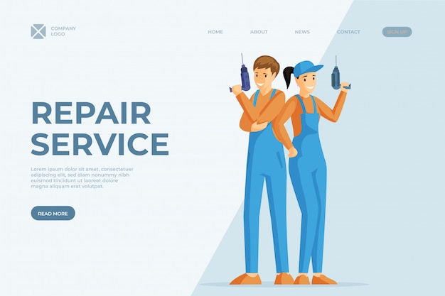 Handyman services flat landing page template. repairmen holding electric drill cartoon characters. professional construction experts, workmen and engineers team promo webpage layout