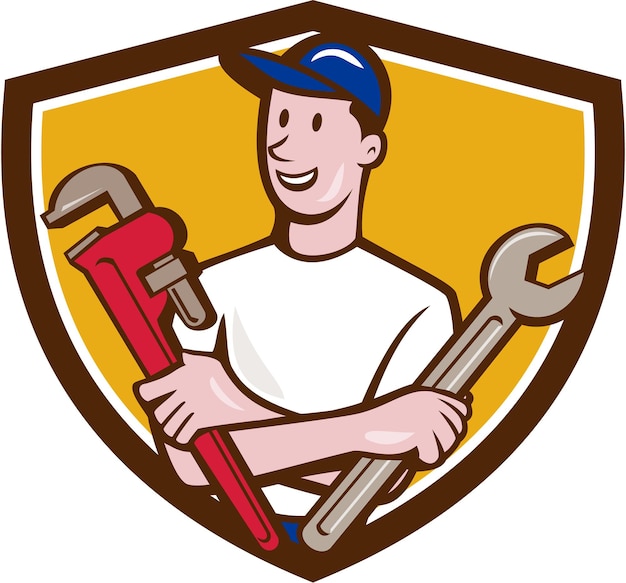 Vector handyman spanner monkey wrench crest cartoon