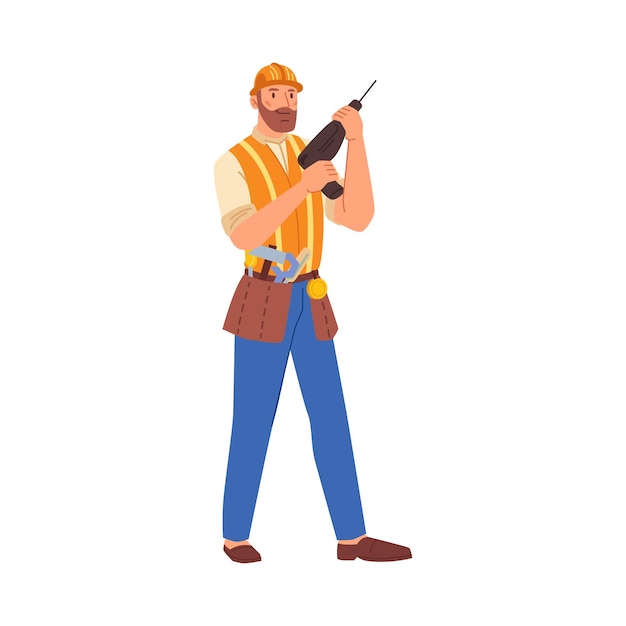 Vector handyman with drill builder worker