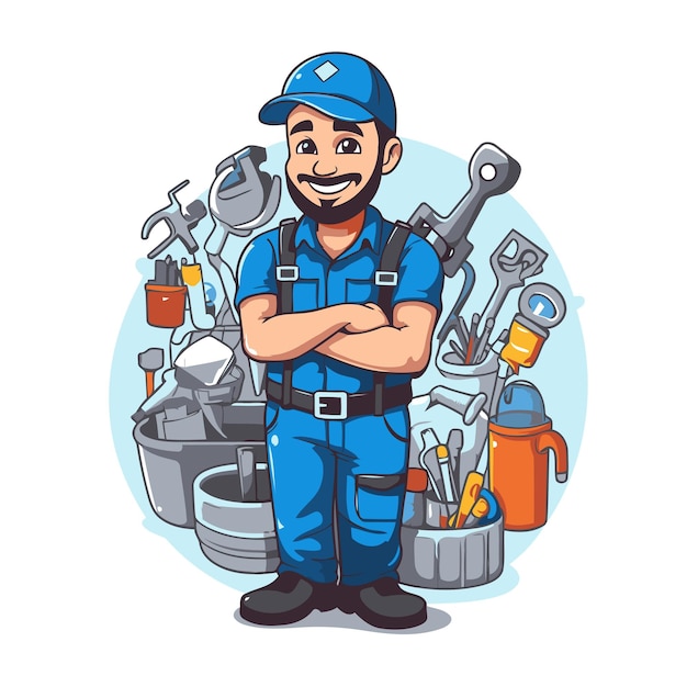 Vector handyman with tools vector cartoon illustration isolated on white background