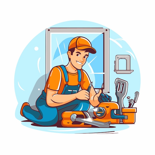 Vector handyman working with tools vector illustration in cartoon style