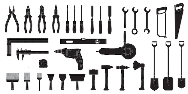 Vector handyman workshop work toolkit for house maintenance handmade job equipment construction carpentry tools hammers and shovels vector build or repair instruments silhouettes set