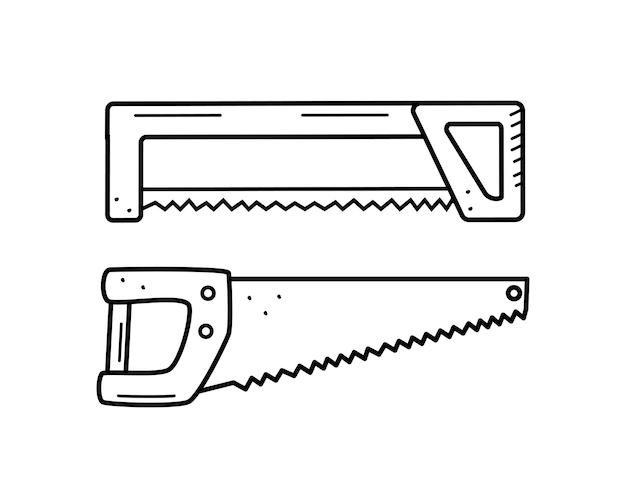 Handzaag doodle cartoon stijl Vectorillustratie van het werkinstrument ijzerzaag geïsoleerd op wit