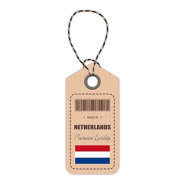 Vector hang tag gemaakt in nederland met vlagpictogram geïsoleerd op een witte achtergrond vectorillustratie