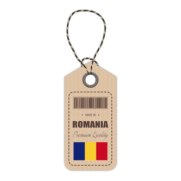 Hang tag gemaakt in Roemenië met vlagpictogram geïsoleerd op een witte achtergrond vectorillustratie