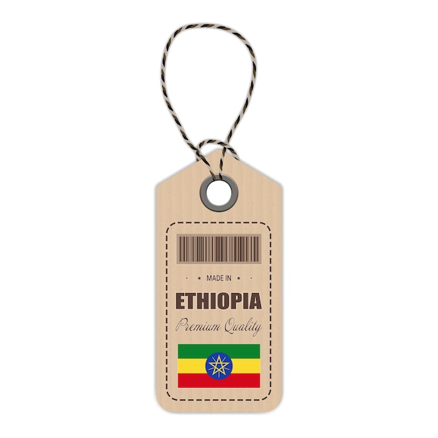 Vettore hang tag realizzato in etiopia con l'icona della bandiera isolata su uno sfondo bianco illustrazione vettoriale