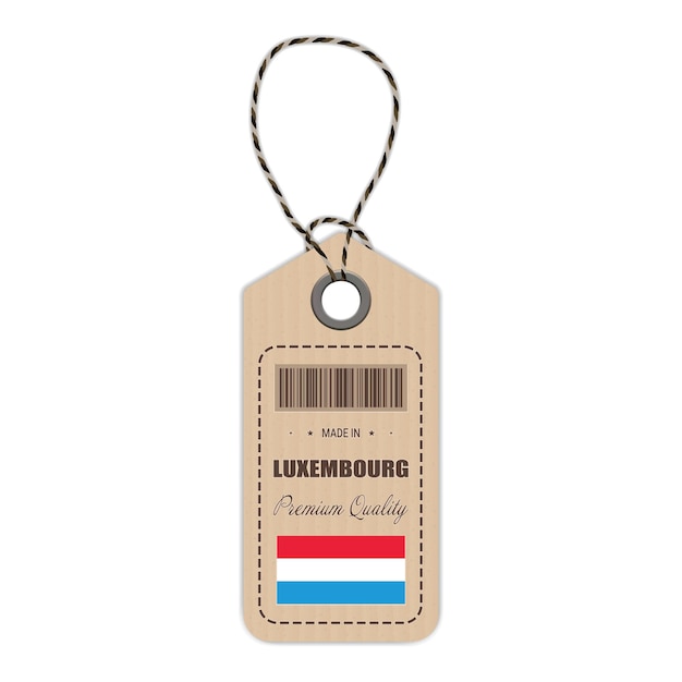 Повесьте бирку, сделанную в Люксембурге, со значком флага, выделенным на белом фоне векторной иллюстрации