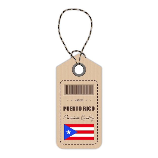 Повесьте бирку, сделанную в Пуэрто-Рико, со значком флага, выделенным на белом фоне векторной иллюстрации