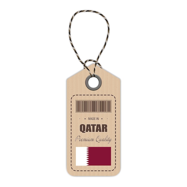 Vettore hang tag realizzato in qatar con l'icona della bandiera isolata su uno sfondo bianco illustrazione vettoriale