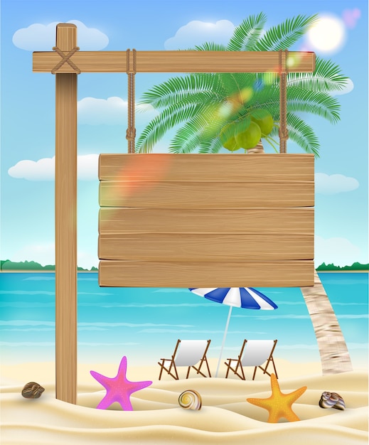 Vector hang wood board sign on sea beach with relax chair