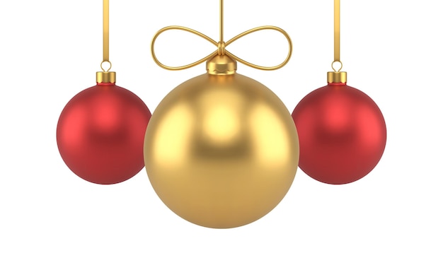 Hanged bow premium Christmas red golden metallic ball toy December holiday decor 3d icon vector