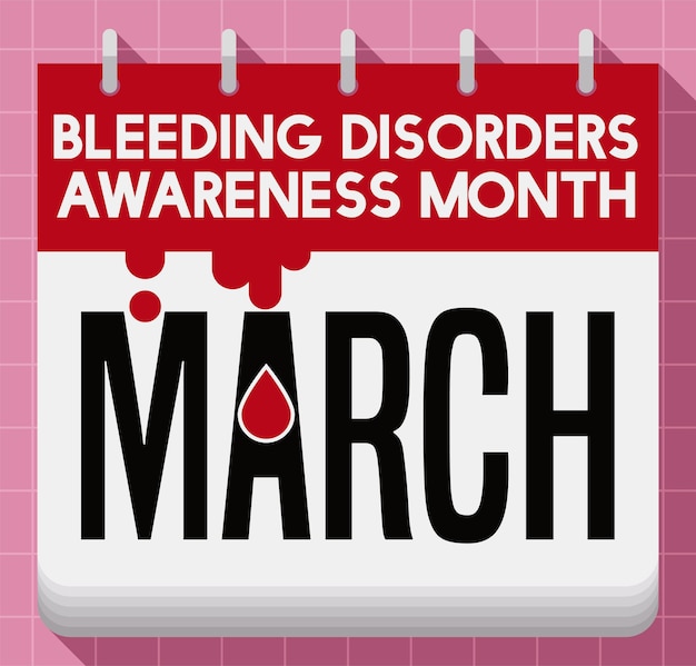 Вектор Навешенный календарь с напоминанием и каплями крови для месяца осведомленности о нарушениях кровотечения в плоском стиле