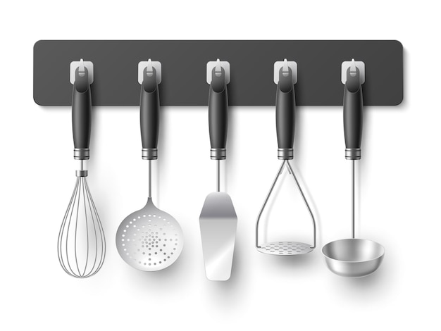 Vector hanged kitchen utensils realistic steel cooking tools 3d isolated metal equipments cutlery mockup metal skimmer whisk and spatula home and cafe kitchenware utter vector concept