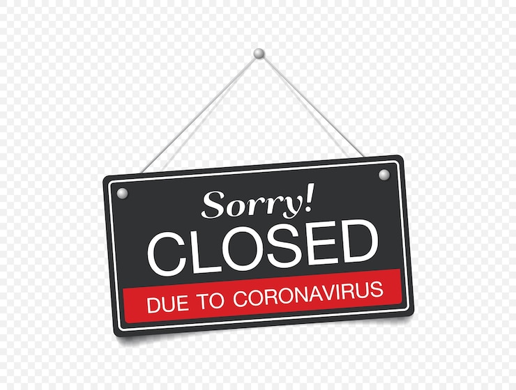 Vector hangend bord over coronavirus en close-up op een rood gesloten bord van een winkel die het bericht weergeeft