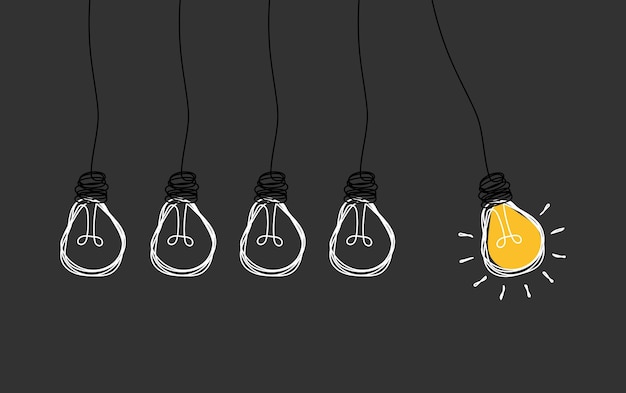 Hangende gloeilampen met een gloeiende op een grijze achtergrond Concept van idee
