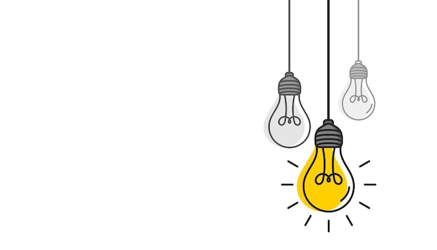 Hangende gloeilampen met een gloeiende op witte achtergrond Concept van het idee
