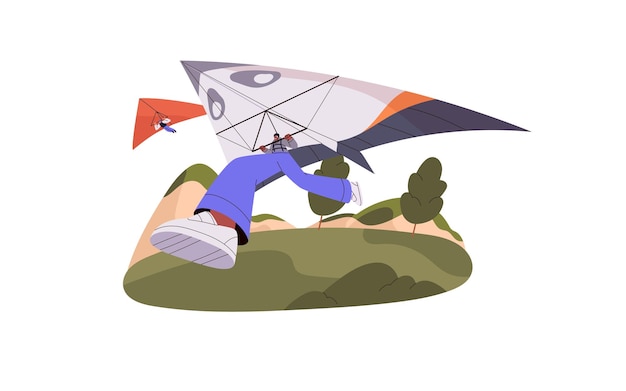 Vector hanggliders flying on deltaplan gliders paragliding in air flight on delta wing airplane in sky hang gliding sport summer extreme activities travel flat isolated vector illustration on white