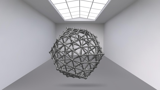 Hanging abstract polygonal object. Exhibition space for objects of modern art. Sci-Fi objects.