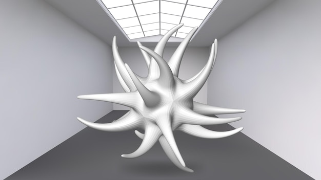 Vector hanging abstract polygonal object. the white room with the subject in the middle. exhibition space for objects of modern art. sci-fi objects. structural volumetric grid.