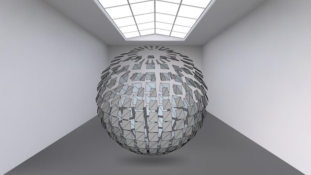 Hanging ball made of lots of smaller polygons in the large empty room. the exhibition space is the abstract object with a spherical shape.