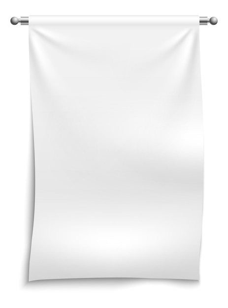 교수형 배너 템플릿입니다. 흰색 배경에 고립 된 흰색 섬유 플래그 이랑