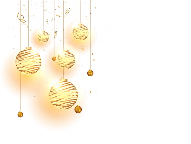 Hanging baubles with light effect and golden confetti decorated on white background