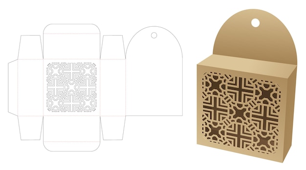 Hanging box with stenciled pattern window die cut template and 3D mockup