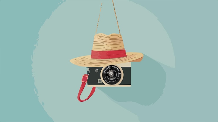 Vector hanging camera vector with straw hat vector illustration